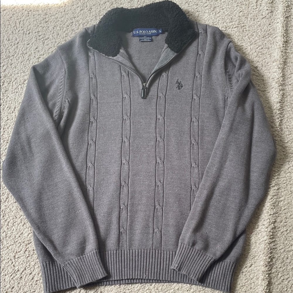 U.S. Polo Assn. Charcoal 1/4 Zip-Up Men's Sweater with faux fur/fleece collar